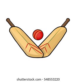 Crossed cricket bats with ball icon in cartoon style isolated on white background. Australia symbol stock vector illustration.