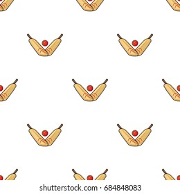 Crossed cricket bats with ball icon in cartoon style isolated on white background. Australia symbol stock vector illustration.