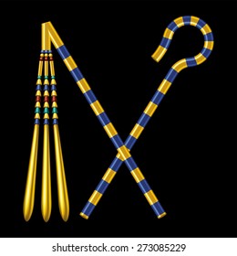 Crossed Crook And Flail, originally th attributes of the god Osiris that became insignia of pharaonic authority. Isolated illustration on black background.