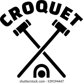 Crossed croquet mallets with word