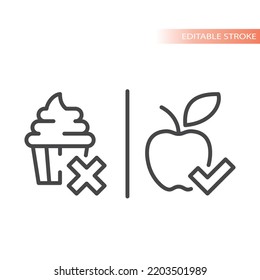 Crossed cupcake and apple checkmark line vector icon. Healthy, unhealthy eating and no junk food outlined symbol.