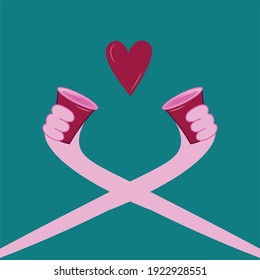 Crossed cups in cartoon hands. Drinks with hearts for the holidays and for advertising. Love, hate and reconciliation concept.Abstract composition. Vector flat.
