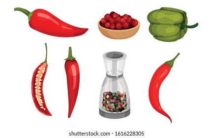 Crossed Cut Bell Pepper and Red Hot Pepper Vector Set