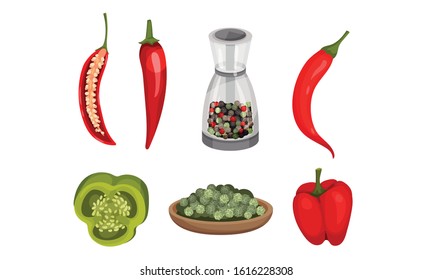 Crossed Cut Bell Pepper and Red Hot Pepper Vector Set