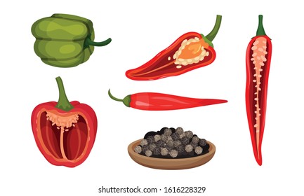 Crossed Cut Bell Pepper and Red Hot Pepper Vector Set