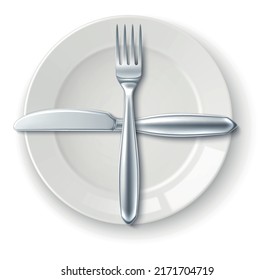 Crossed cutlery on white table. Next dish signal