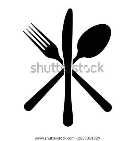 Crossed cutlery vector icon. Fork, knife and spoon symbol for restaurant, dining, food service, menu design, catering or kitchen logo. Black silhouette isolated on white background.