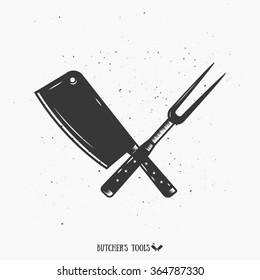 The Crossed Cutting tools, Meat Knife and Fork Tool  Monochrome Illustraton. Vintage Butcher's Tools. Template for your shop, butchery, menu, cafe, business or art works.
