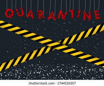Crossed Danger Sign Ribbon. Strips of yellow tape bands, Grunge type quarantine with letters suspended from a string. Vector illustration, isolated background.