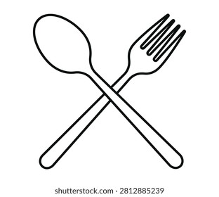 Crossed dining table fork and spoon kitchenware silverware utensil layout outline line art vector icon. Restaurant fine catering menu card placeholder symbol.