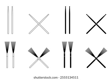 Crossed drumsticks and drum brushes vector icon set. Percussion instrument tools, drum accessories, music equipment. Black silhouette isolated on white background.