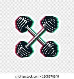 Crossed dumbbell sticker design. Illustration with glitch distortion effect