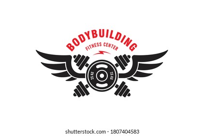Crossed dumbbells, barbell, wings, text. Vector illustration advertises fitness center. Bodybuilding sports club logo. Color illustration in black and red on a white background. Sport equipment.