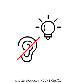 Crossed ear and light bulb. Ideas for hearing impaired people inclusivity. Muted smart home lighting. Pixel perfect, editable stroke vector icon