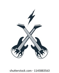 Crossed electric guitar colored black with white flame tongue flat vector illustration isolated on white background. Rock symbol for music design.