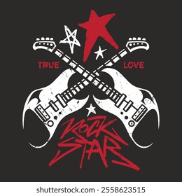 Crossed electric guitars showcase a rock star theme with red stars and the phrase true love. The bold design captures the spirit of music and rebellion perfect for enthusiasts.