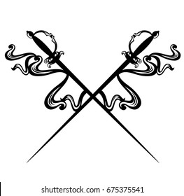 crossed epee swords and decorative ribbons - black and white vector design