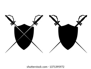 crossed epee swords and heraldic shield - black and white vector silhouette design set