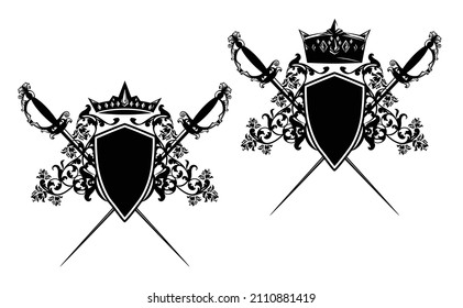crossed epee swords and royal crown with heraldic shield among rose flowers - vintage style security concept black and white vector design set