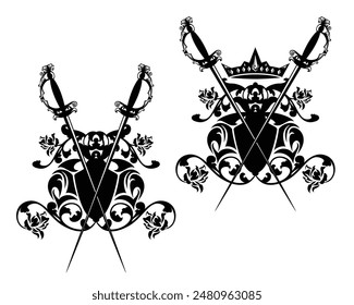 crossed epee swords and royal crown with heraldic shield and rose flowers - fencing and security black and white handdrawn vector (produced without the use of any form of AI software at any stage)