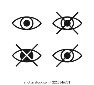 Crossed eye icon set isolated on white background. Internet security symbols. Hidden password entry mode.