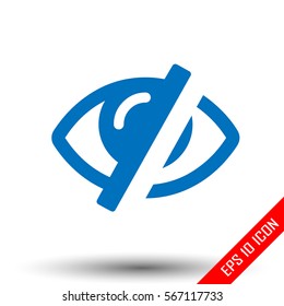 Crossed eye icon. Simple flat logo of strikethrough eye on white background. Vector illustration.