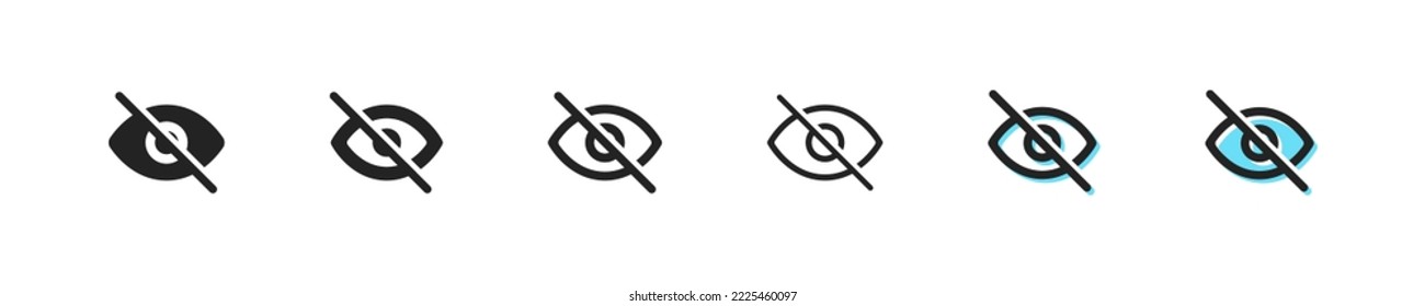 Crossed eye line icon. Eye, intelligent, critical, material to be viewed, think, point of view, opinion, see, consider, thought. Thinking concept. Vector black line icon on white background