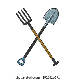 Crossed farm pitchfork and shovel color sketch engraving vector illustration. T-shirt apparel print design. Scratch board imitation. Black and white hand drawn image.