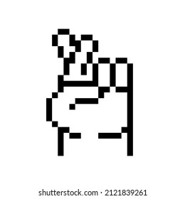 Crossed finger. Pixel art hand gesture.
