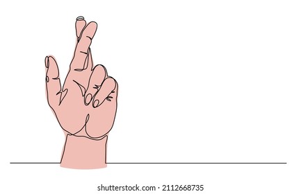 Crossed Fingers Hand Gesture. When Liar Tries To Hide The Truth Sign. One Continuous Line Art Drawing Vector Illustration Of Arm With Crossed Fingers.