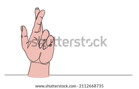 Crossed fingers hand gesture. When liar tries to hide the truth sign. One continuous line art drawing vector illustration of arm with crossed fingers.