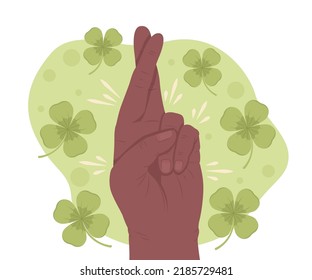 Crossed fingers for luck 2D vector isolated illustration. Common superstitious flat hand gesture on cartoon background. Wish and hope colourful editable scene for mobile, website, presentation