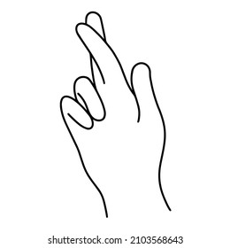 Crossed fingers on the right human hand. Vector icon isolated on white backdrop. A gesture of luck, lies, hope, superstition. Line art for website design, app, advertising, packaging, printing.