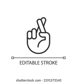 Crossed fingers pixel perfect linear icon  Wishing   hope  Hand gesture  Superstitions  Thin line illustration  Contour symbol  Vector outline drawing  Editable stroke  Arial font used