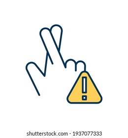 Crossed fingers RGB color icon. Making vow, promise, oath. Honesty in relationship. Hand gesture. Wishing for luck. Precaution against telling lie. Being totally honest. Isolated vector illustration