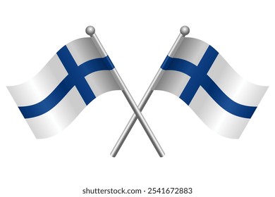 Crossed Finland Flags Vector Illustration. Realistic 3D Style with Silver Flagpoles, Editable and Scalable EPS, Isolated on White Background, Perfect for Patriotic Designs