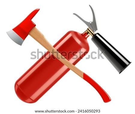 Crossed firefighter axe and fire extinguisher isolated on white background. Realistic 3d vector illustration