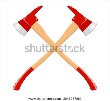 Crossed firefighter axes isolated on white background. Realistic 3d vector illustration. Red Hatchets. Fire axes firefighter rescue equipment. Metal woodcutter with handle made of wood.
