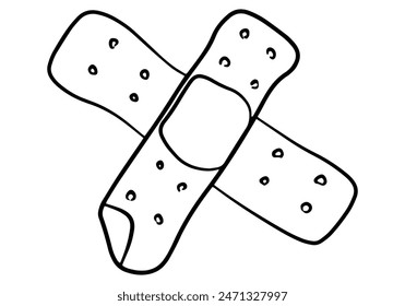 Crossed first aid bandage plaster hand drawn outline vector illustration. Isolated on white background