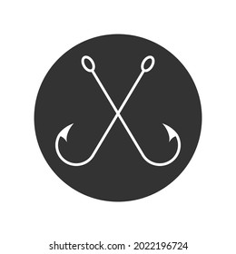 Crossed fish hooks graphic icon.  Fishing hooks sign in the circle isolated on white background. Vector illustration