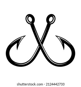 Crossed fishing hooks. Design element for logo, label, sign, badge. Vector illustration