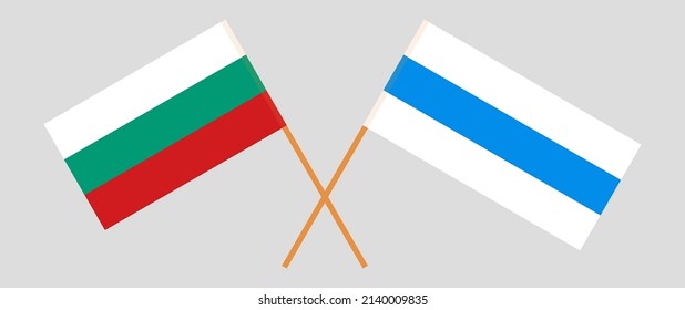 Überquerte Flagge Bulgariens und Anti-Kriegs-Weißblauer-Flagge der russischen Opposition. Vektorgrafik