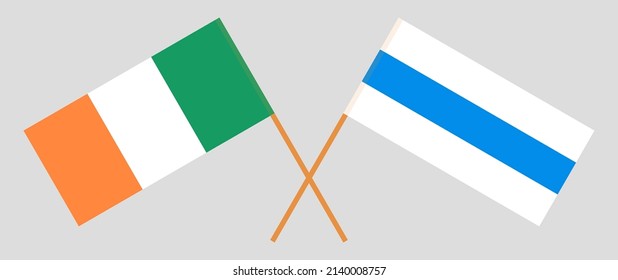 Crossed flag of Ireland and anti-war white-blue-white flag of Russian opposition. Vector illustration