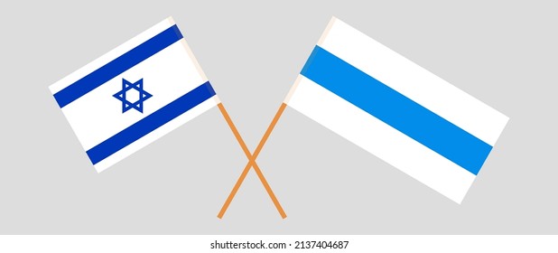 Überkreuzte Flagge Israels und Anti-Krieg-Weißbleine-Flagge der russischen Opposition