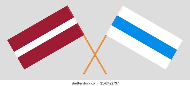 Überquerte Flagge Lettlands und Anti-Kriegs-Weißfahne der russischen Opposition. Vektorgrafik