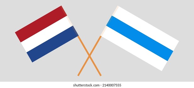 Überkreuzte Flagge der Niederlande und Anti-Krieg weiß-blau-weiß-Flagge der russischen Opposition. Vektorgrafik