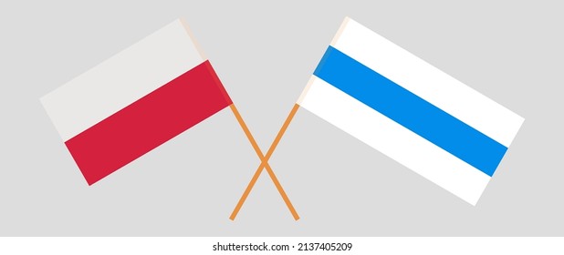 Überkreuzte Flagge Polens und Anti-Kriegs-Weißblauer-Flagge der russischen Opposition