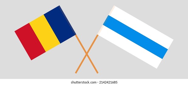 Überquerte Flagge Rumäniens und Anti-Kriegs-Weißfahne der russischen Opposition. Vektorgrafik