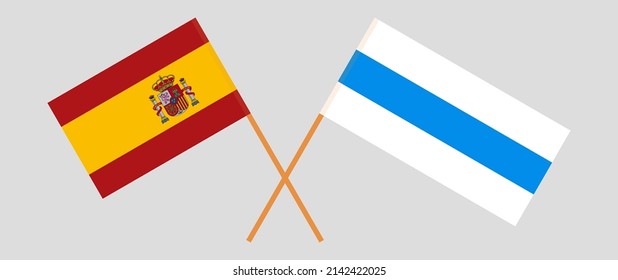 Überquerte Flagge Spaniens und Anti-Kriegs-Weißblauer-Flagge der russischen Opposition. Vektorgrafik