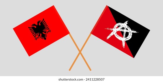 Crossed flags of Albania and anarchy. Official colors. Correct proportion. Vector illustration
